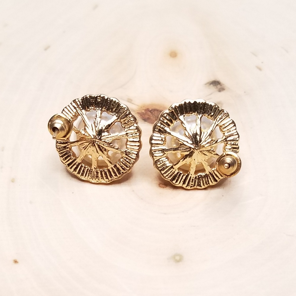 Vintage Pearl Button With Rhinestone Rim Earrings - Picture 2 of 7